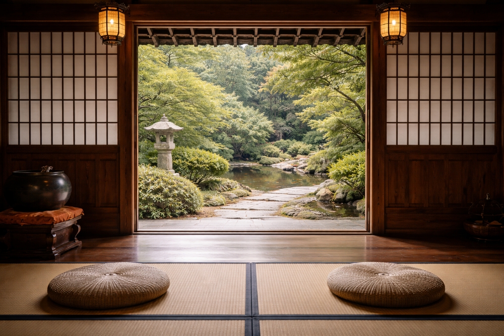 お寺の中から見た庭の様子